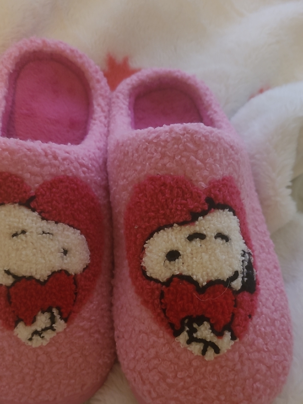 Pink Snoopy Heart Fuzzy Slippers